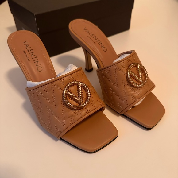 Valentino Tan Leather Mules with Stiletto Heel, New In Box